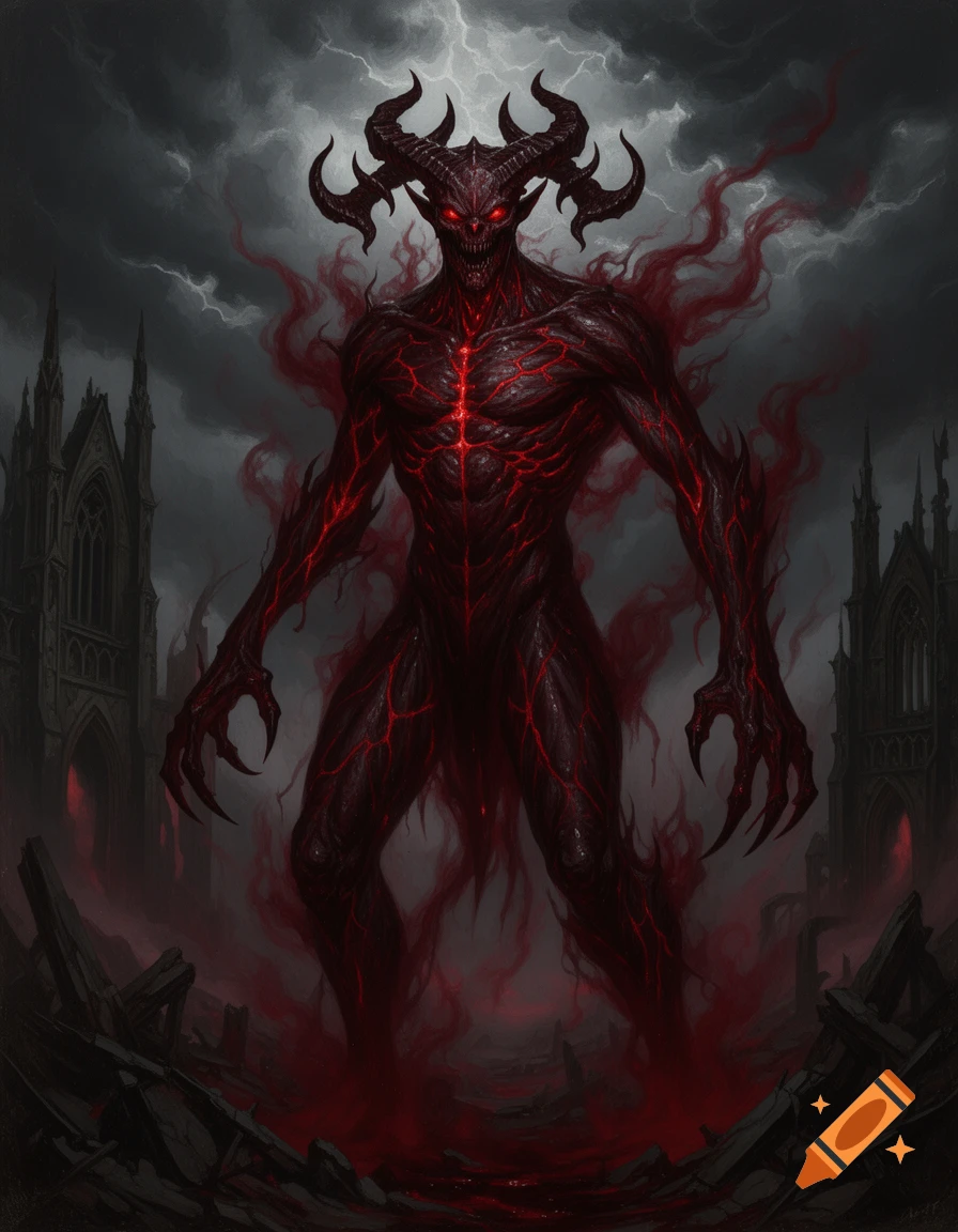 A terrifying horned blood demon with glowing red eyes, sharp claws, and crimson skin covered in red veins, enveloped in red mist, stands in a ruined gothic landscape under a stormy sky.