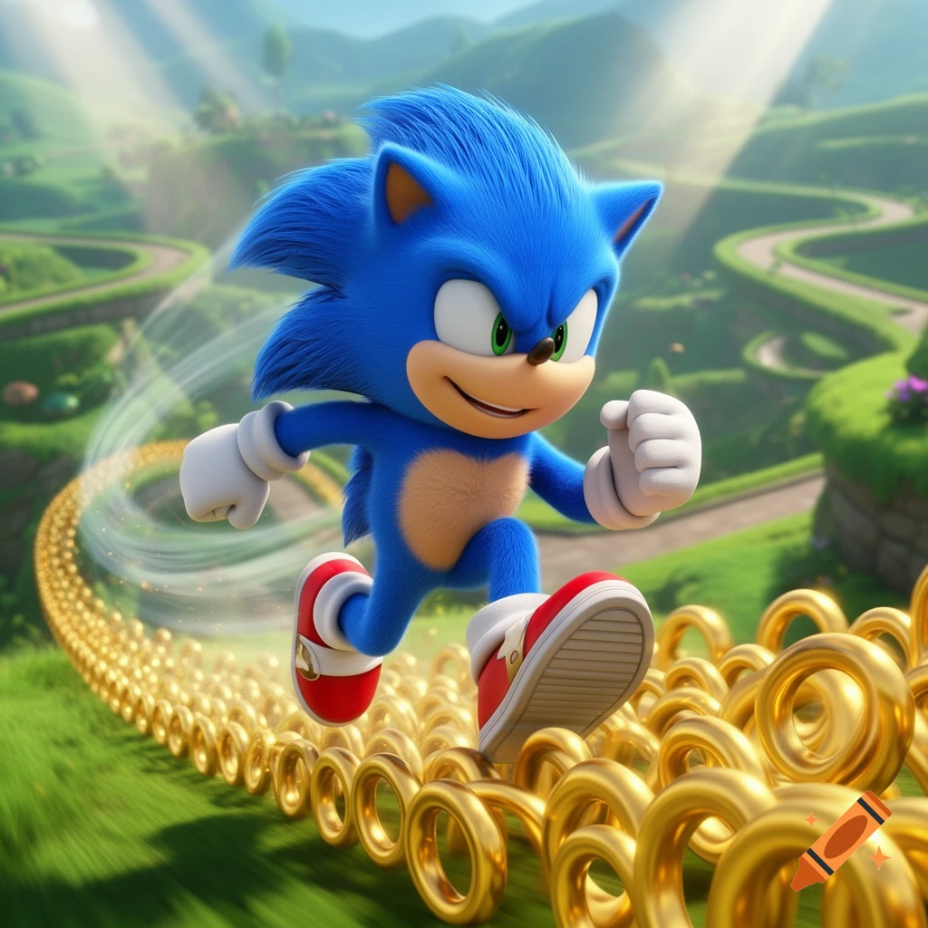 Sonic the Hedgehog runs over a path of golden rings in a vibrant green, hilly landscape.