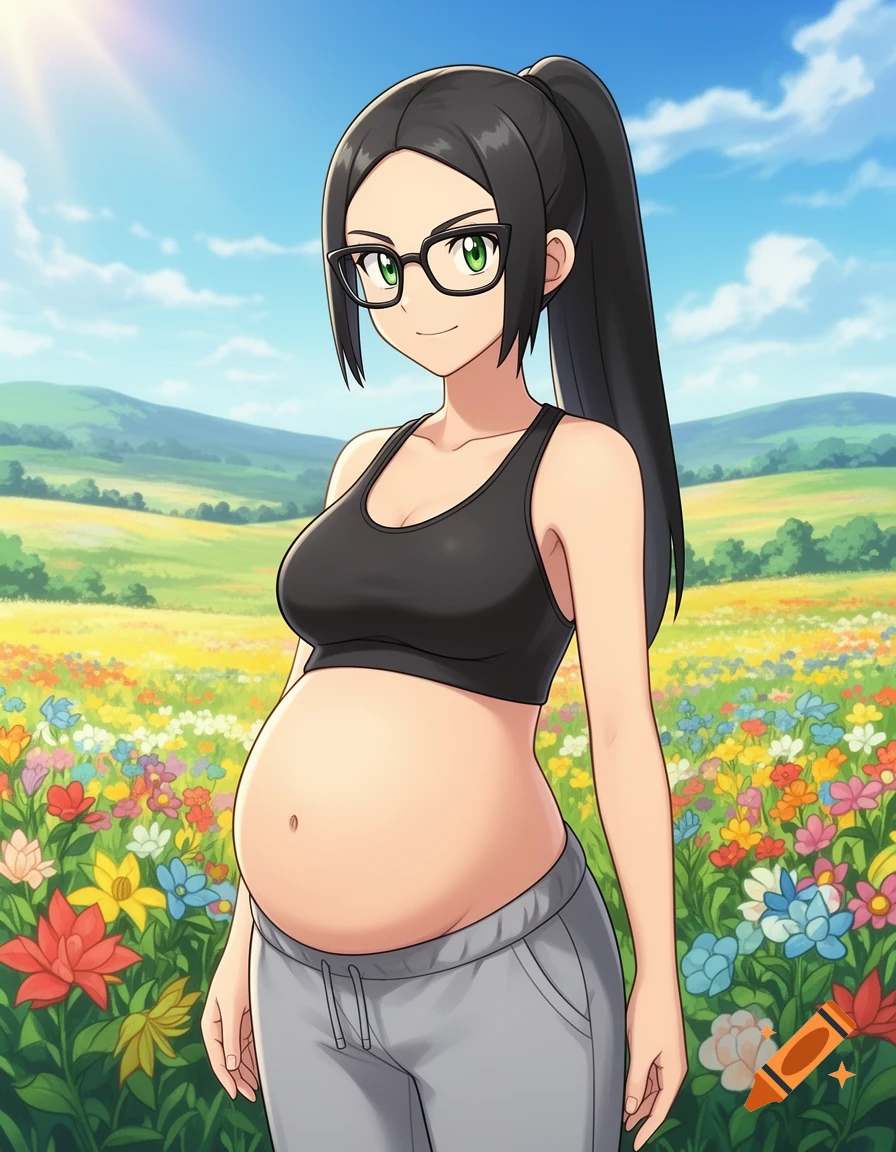 Anime woman with black hair, glasses, and a pregnant belly, wearing a sports bra and sweatpants, standing in a sunny field of flowers.
