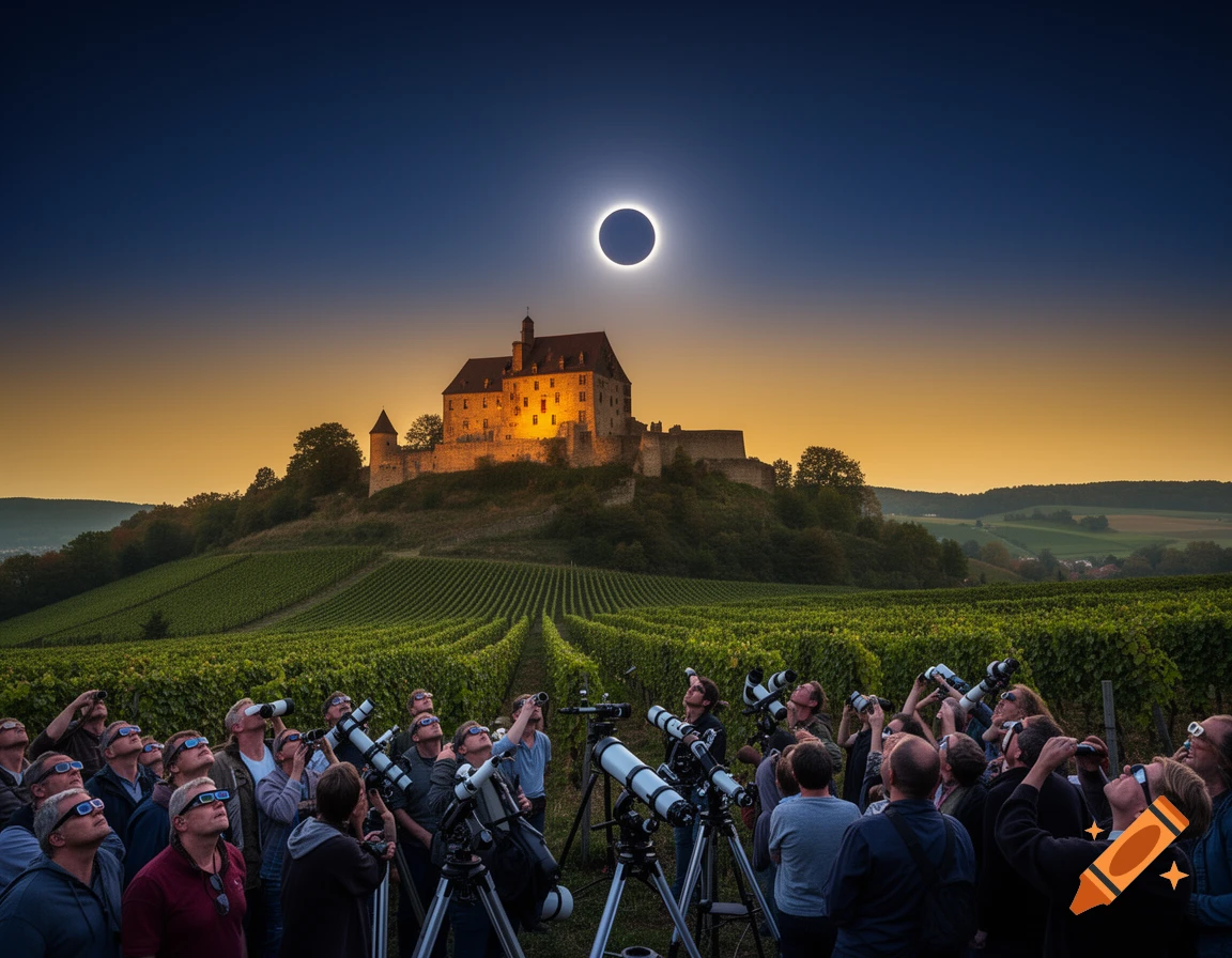 People with telescopes and special glasses observe a total solar eclipse over a vineyard with a castle on a hill at dusk.