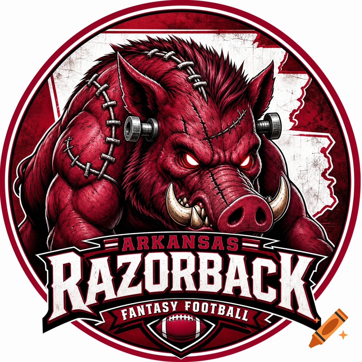 A fierce red Frankenstein razorback monster logo for Arkansas Razorback Fantasy Football, featuring a stylized boar with stitches and bolts.