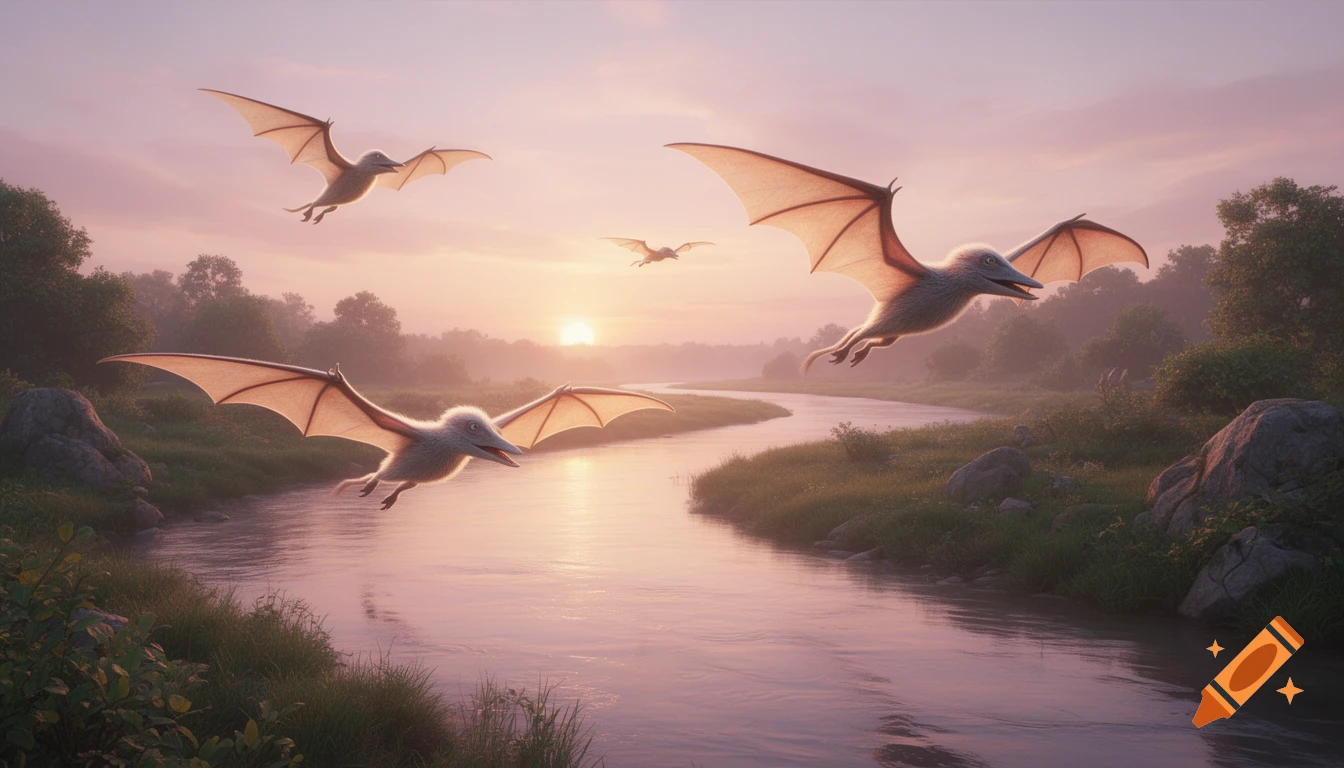 Furry pterodactyls flying over a misty river at sunset, with light glowing through their wings and lush riverbanks.