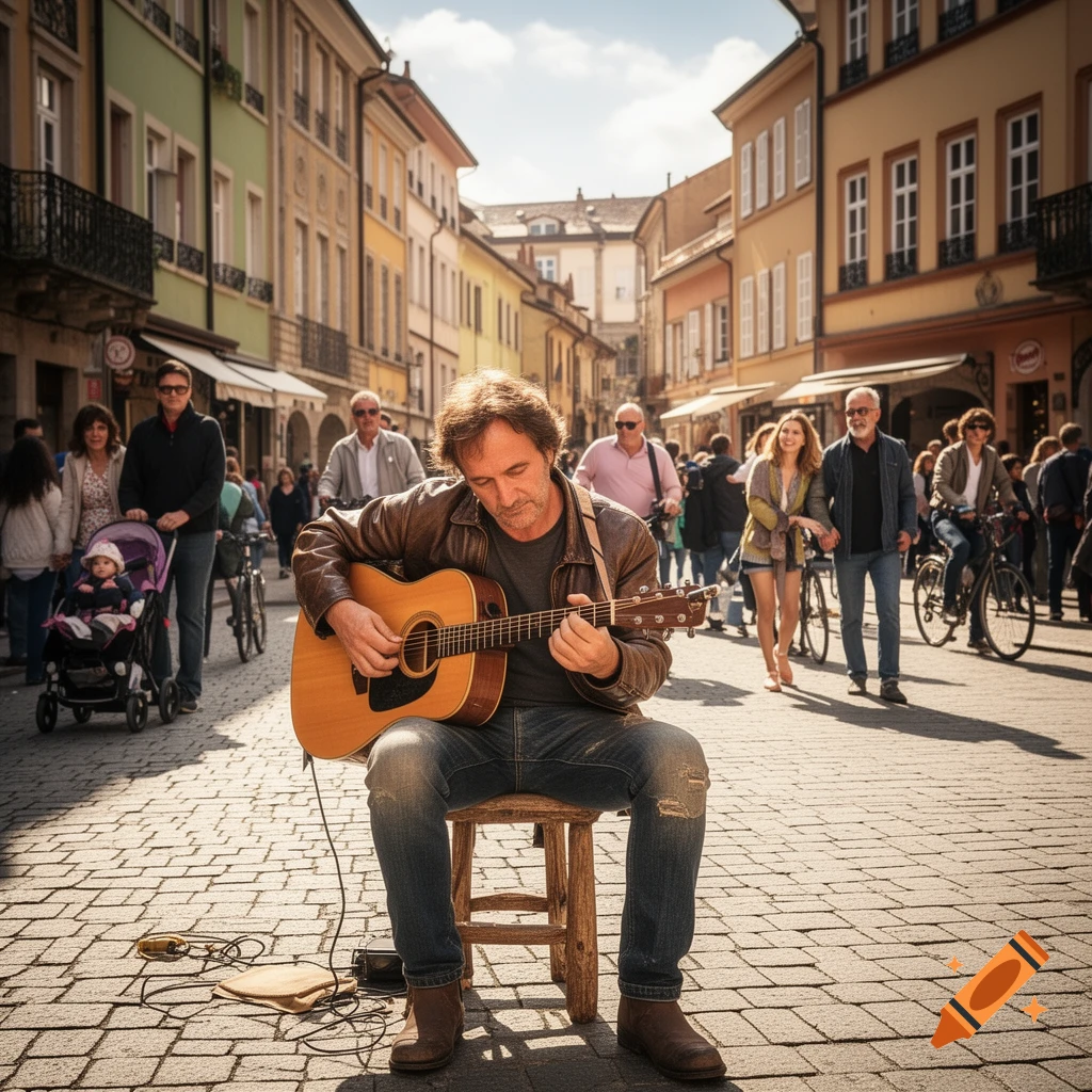 A man sits on a stool, playing an acoustic guitar on a cobblestone street lined with colorful buildings and pedestrians.