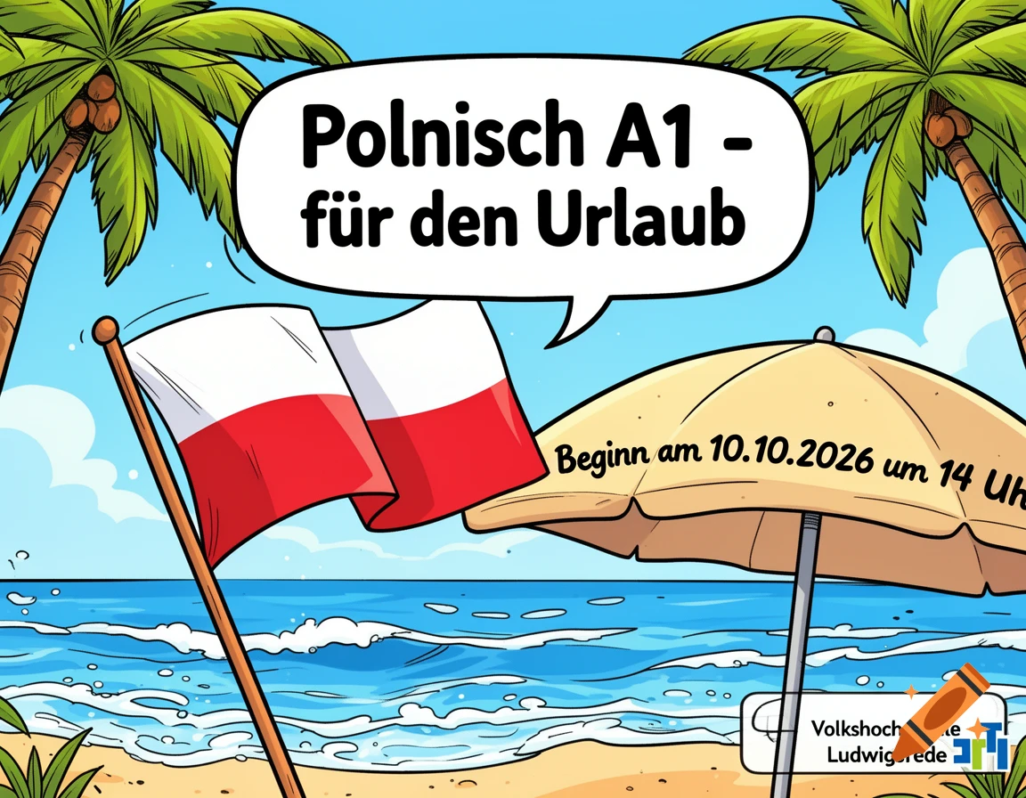 A cartoon beach scene with two palm trees, a Polish flag, and a beach umbrella, advertising a Polish language course for vacation.