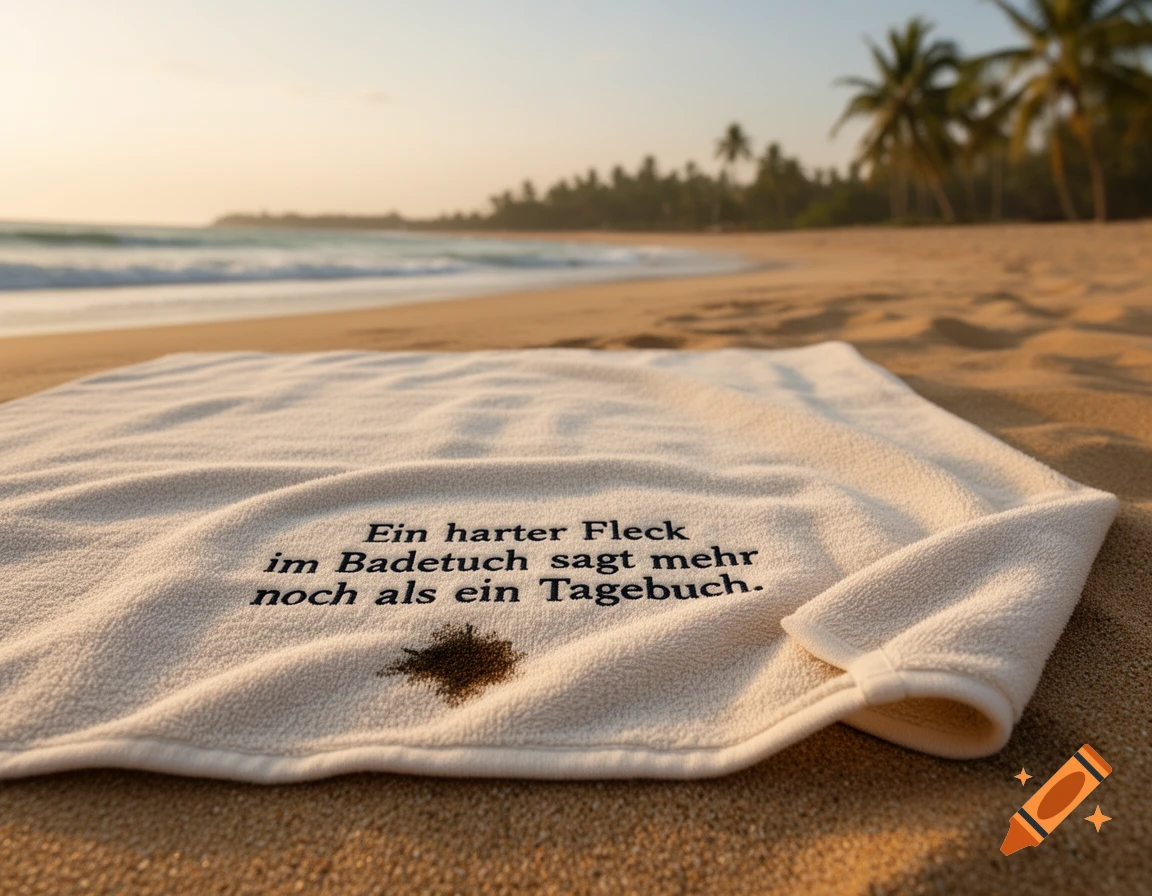 A white towel with German text and a brown stain lies on a sandy beach with palm trees and ocean in the background at sunset.