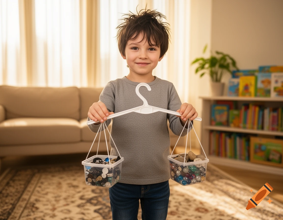 A smiling young boy holds a homemade balance scale made from a clothes hanger, with containers of buttons and marbles.