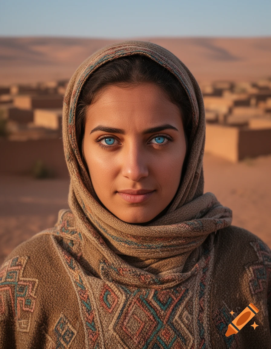 Photorealistic portrait of a young Berber woman with piercing blue eyes, wearing a patterned headscarf and clothing, in a desert village.