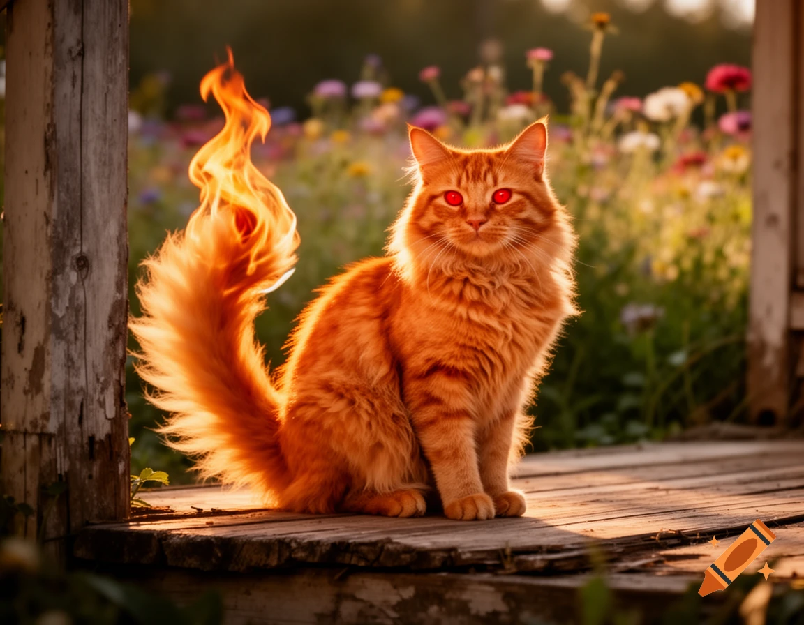 An orange cat with glowing red eyes and a flaming tail sits on a wooden porch amidst a field of colorful flowers at sunset.