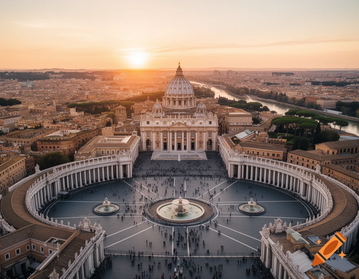 Aerial view of St. Peter's Square and Basilica at sunset, with a golden sky over Vatican City and the Tiber River.