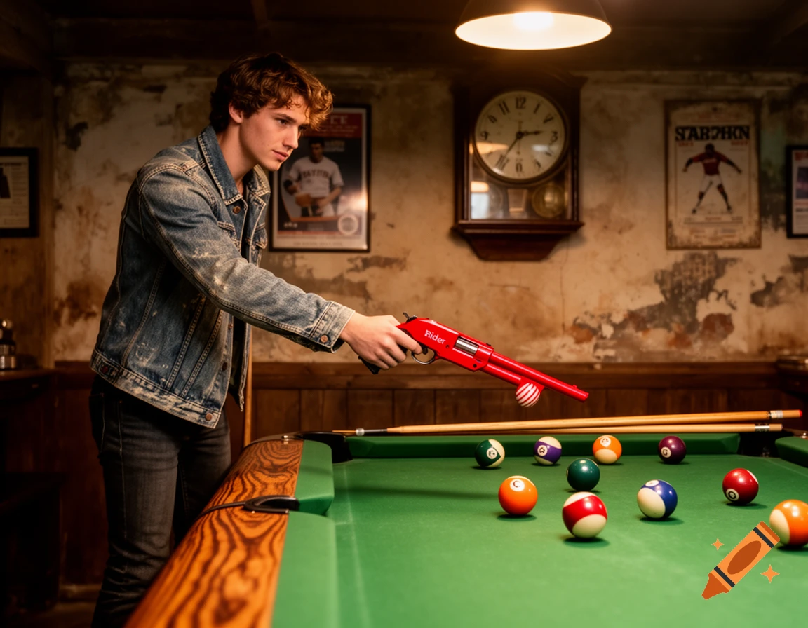 A young man in a denim jacket aims a red toy rifle at pool balls on a green table in a dimly lit room.