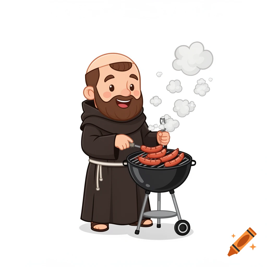 Cartoon Benedictine monk with a tonsure, happily grilling sausages on a charcoal BBQ grill.