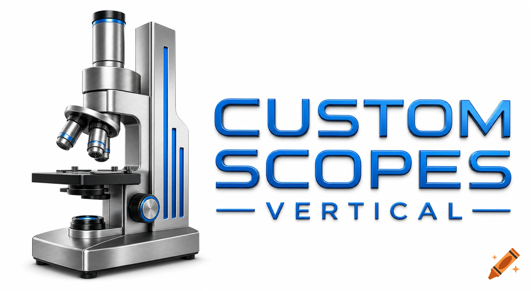 A detailed silver and blue microscope next to blue 3D text reading 'CUSTOM SCOPES - VERTICAL' on a white background.