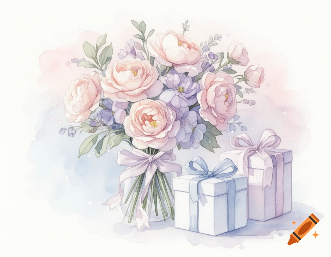 A soft watercolor illustration of a bouquet of pastel pink and purple flowers in a vase, next to two gift boxes with ribbons.