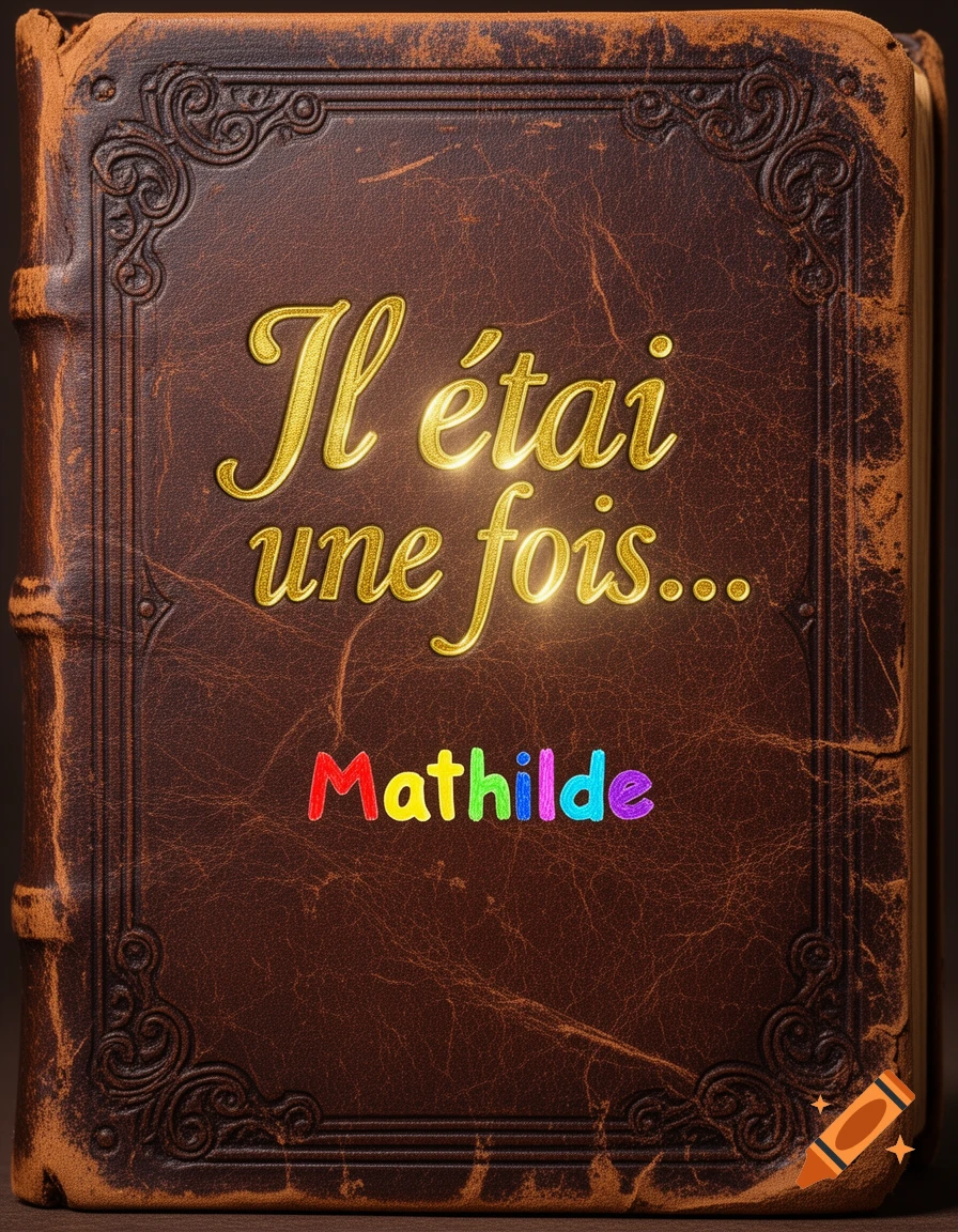 Brown leather book cover with gold embossed text 'Il étai une fois...' and colorful 'Mathilde' below it, in a fairytale style.