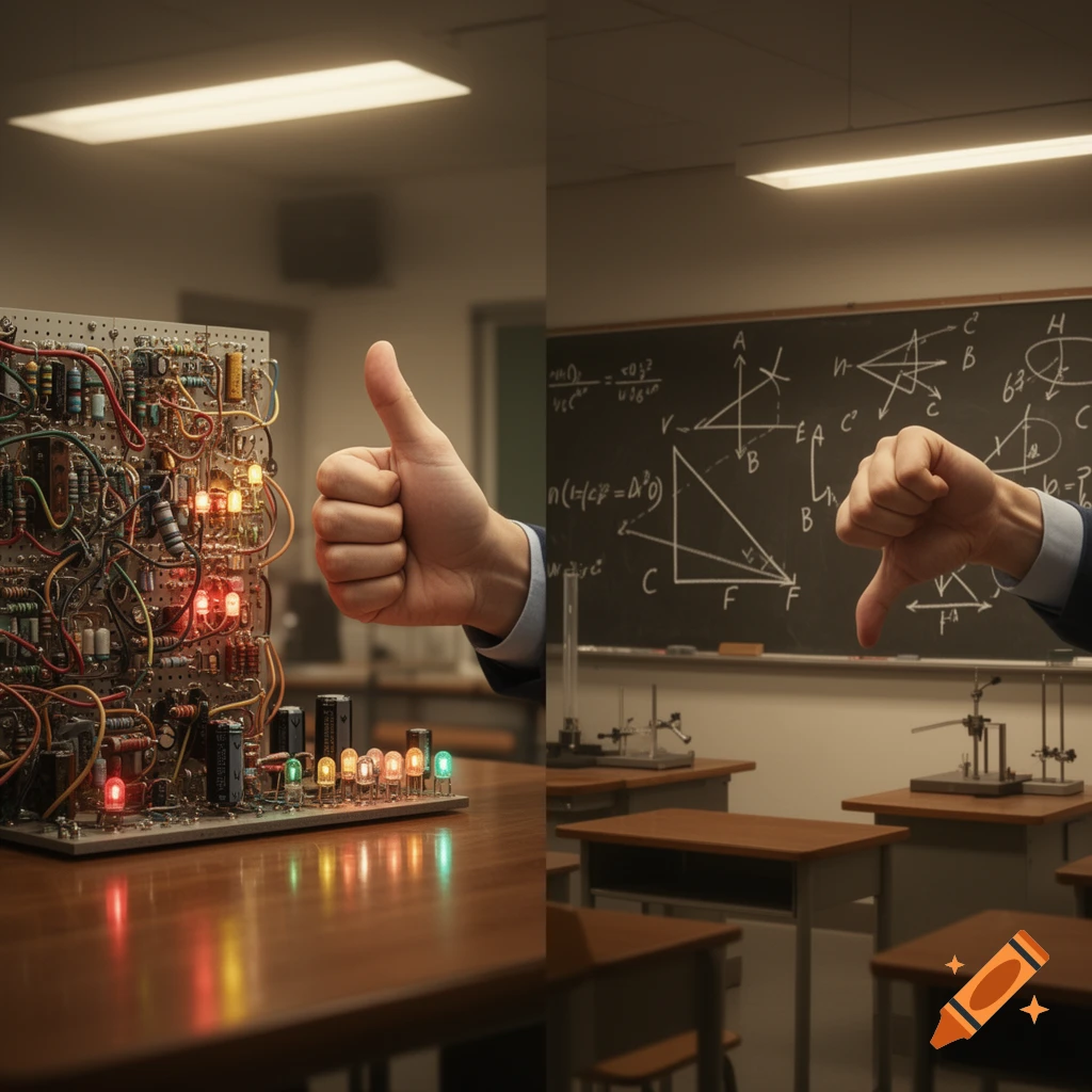 Split image in a classroom: left, thumbs-up with circuit board; right, thumbs-down before a blackboard with physics diagrams.