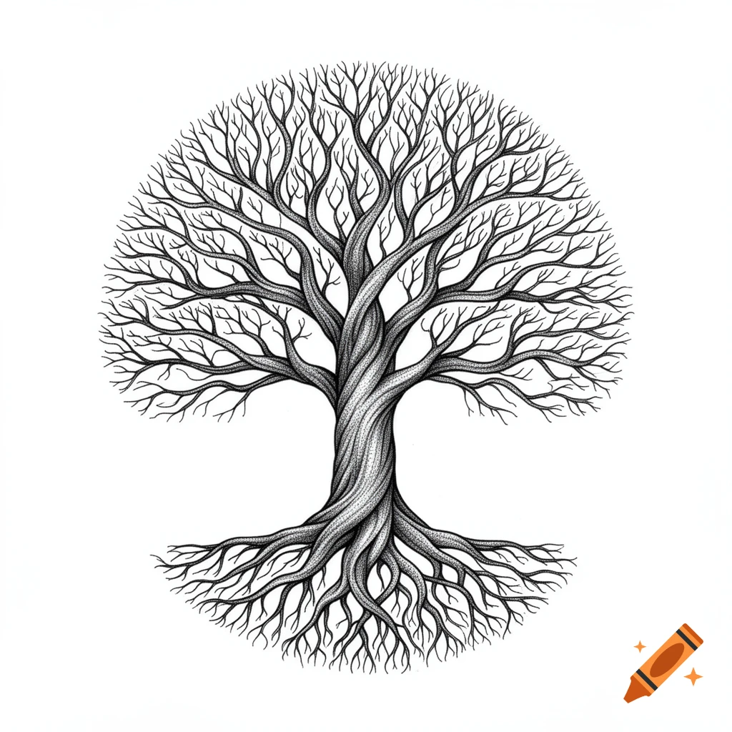 Detailed black and white fine line illustration of a tree of life with intricate roots and branches forming a circular shape.