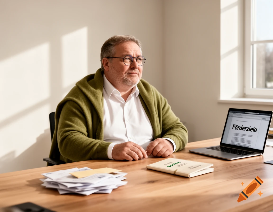 An older man with glasses and a green cardigan sits at a desk. A laptop shows "F derziele", alongside papers and a "Sparbuch" book.