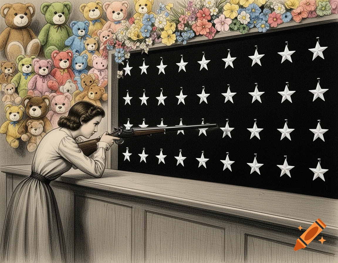A woman aims a rifle at white stars on a black wall in a shooting gallery, with teddy bears and flowers as prizes, in an illustrated style.