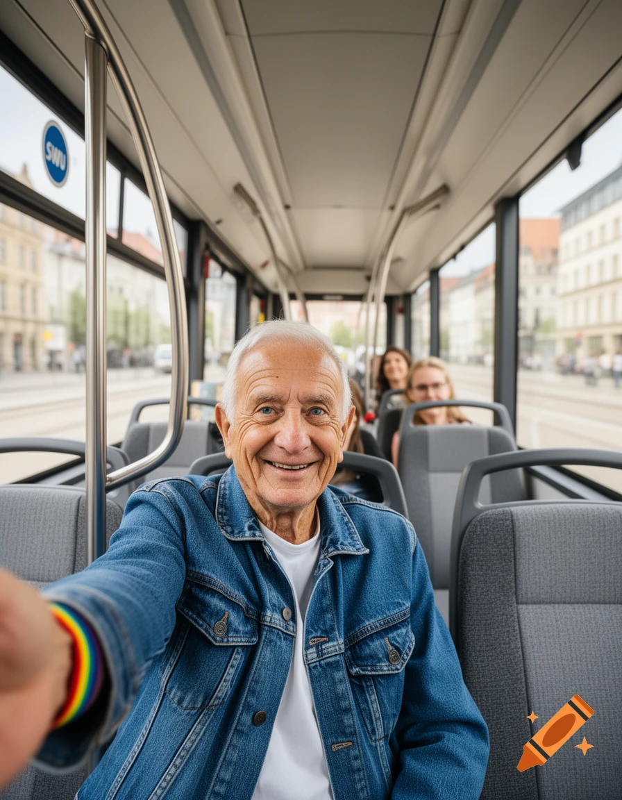 A smiling elderly man in a denim jacket takes a selfie on a bus, wearing a rainbow bracelet, with other passengers in the background.