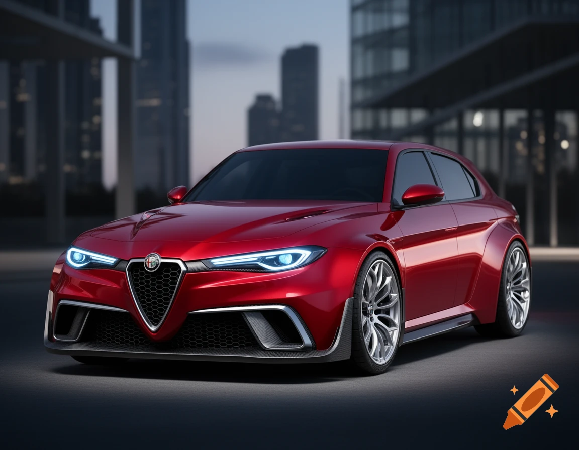A sleek, photorealistic red Alfa Romeo concept car parked in a modern city setting at dusk.