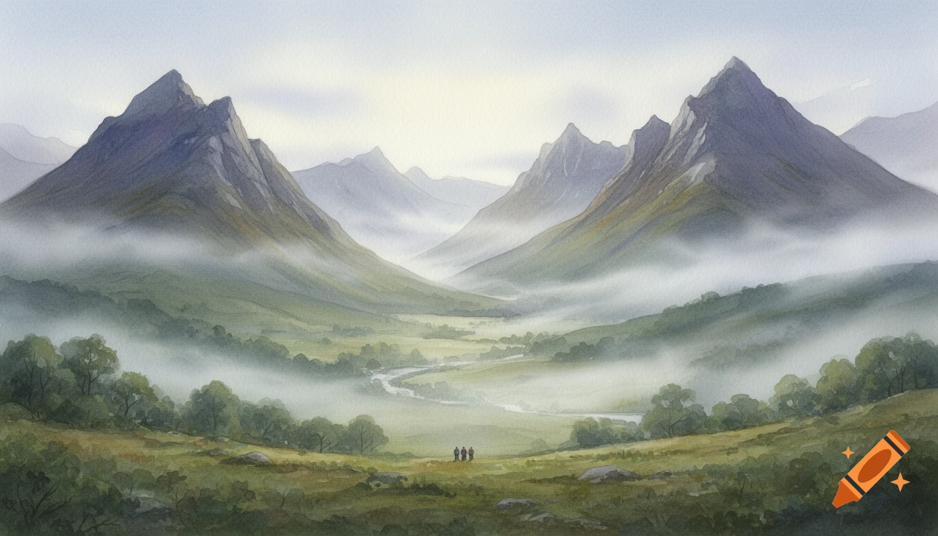 A misty watercolor landscape of a vast mountain valley with a winding river and three small silhouetted travelers in the foreground.