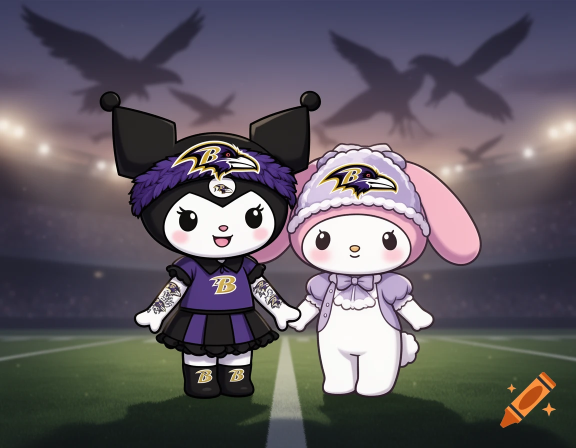 Kuromi and My Melody characters wearing purple Baltimore Ravens uniforms on a football field at night.