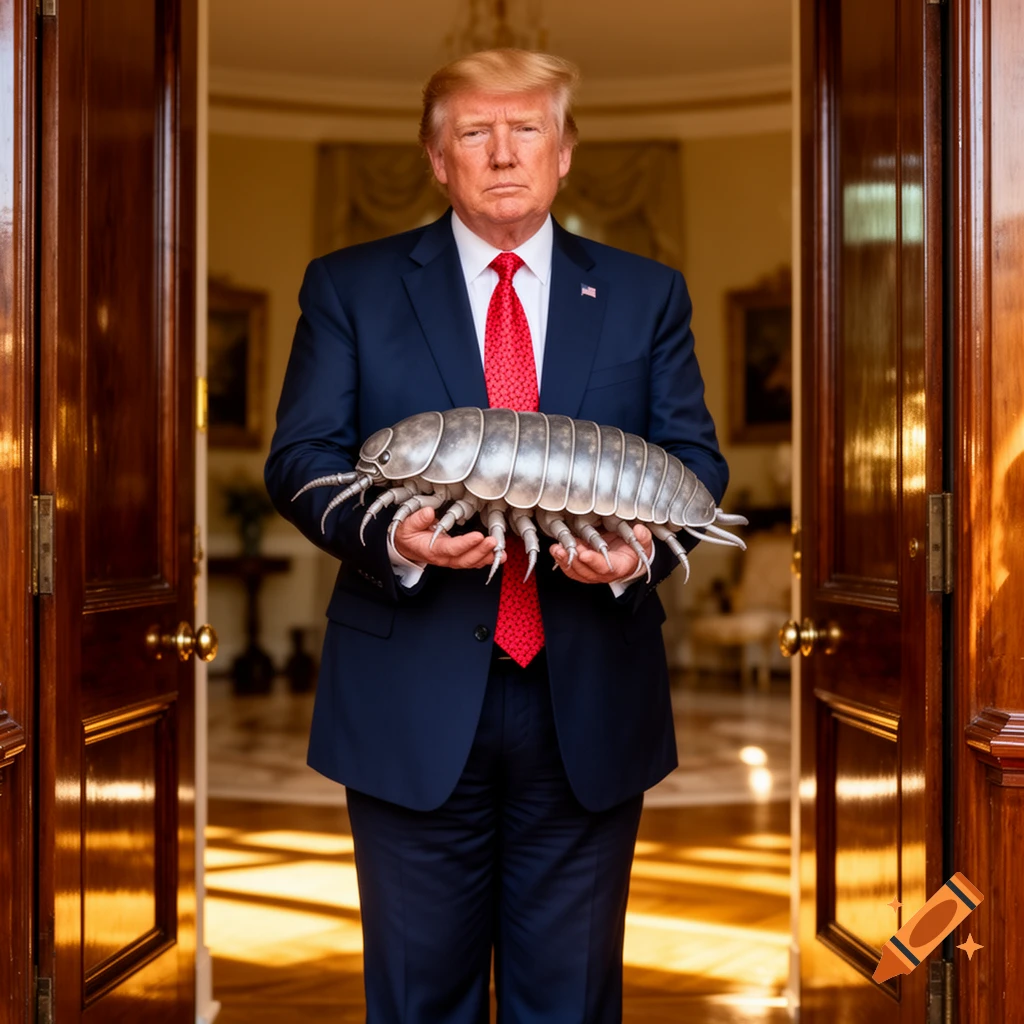 Donald Trump in a suit and red tie stands at a doorway, holding a large, photorealistic gray isopod.