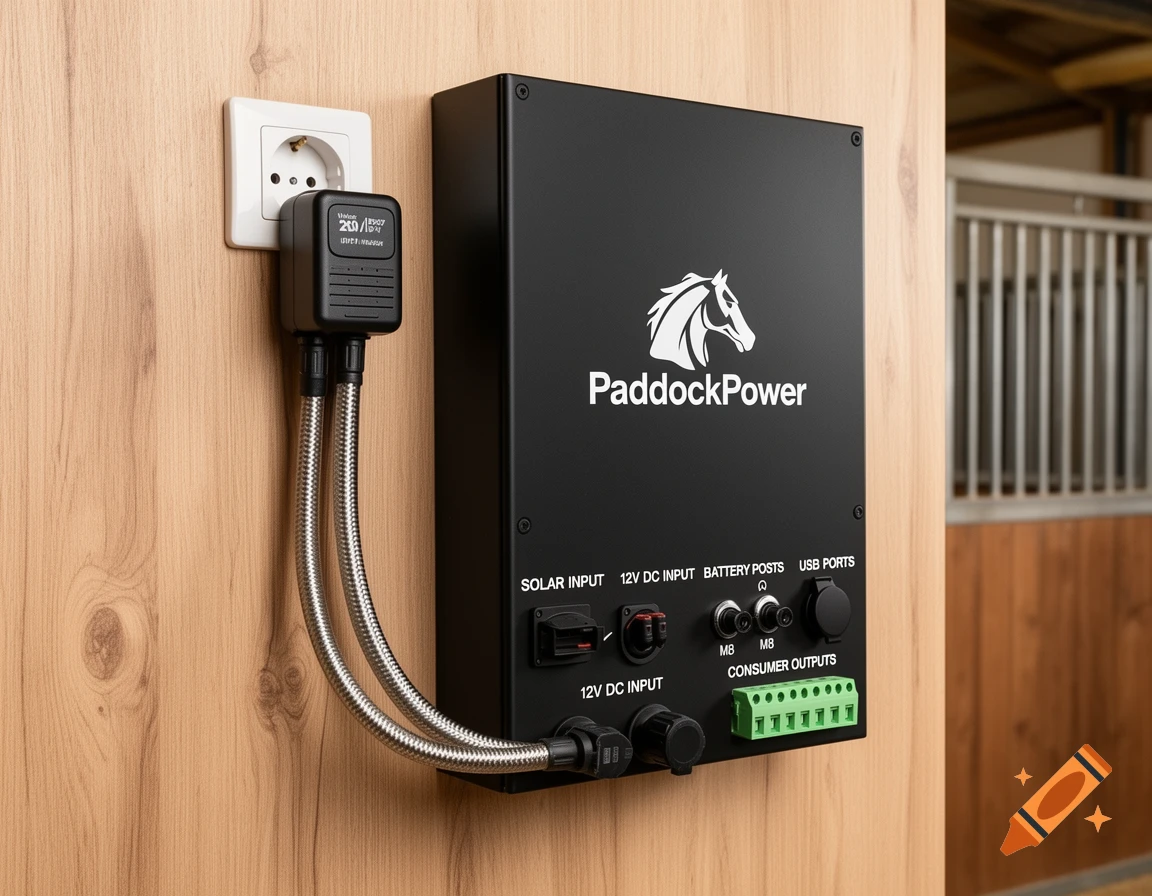 A black PaddockPower control unit with a horse logo, various ports, and armored cables plugged into a wall socket, mounted on a light wood wall in a horse stable.