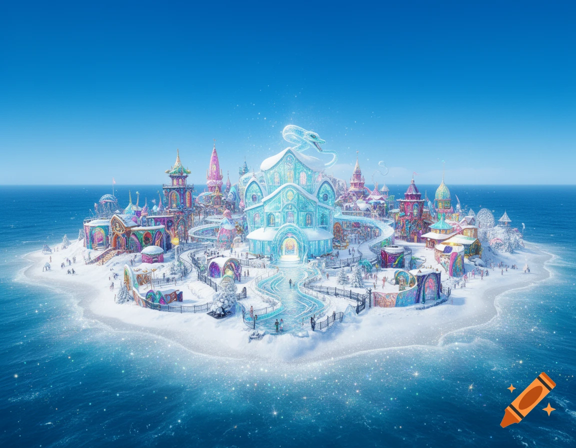 A vibrant, snow-covered fantasy island city with colorful, whimsical buildings, surrounded by a sparkling blue sea under a clear sky.