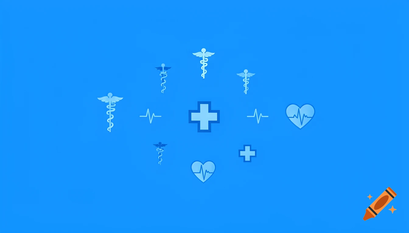 A blue background adorned with various light blue medical symbols including Caduceus staffs, crosses, heartbeat lines, and hearts, presented in a clear, digital design.