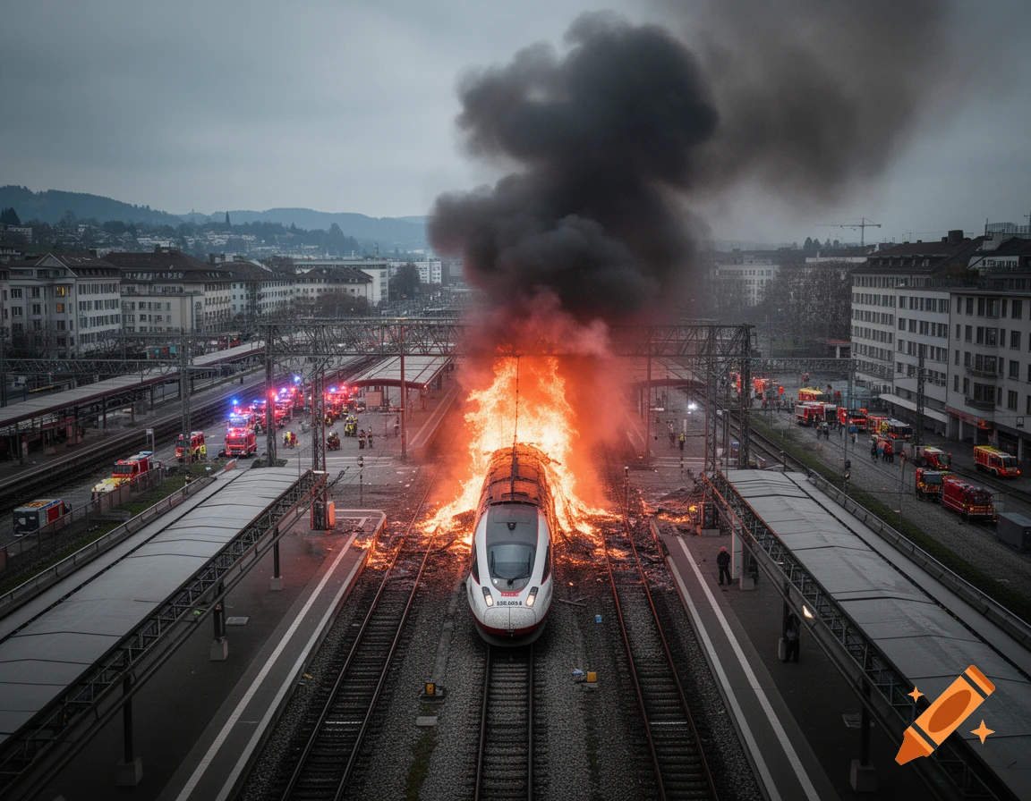 Photorealistic image of a high-speed train engulfed in flames at a station, with numerous fire trucks and emergency personnel nearby under a cloudy sky.