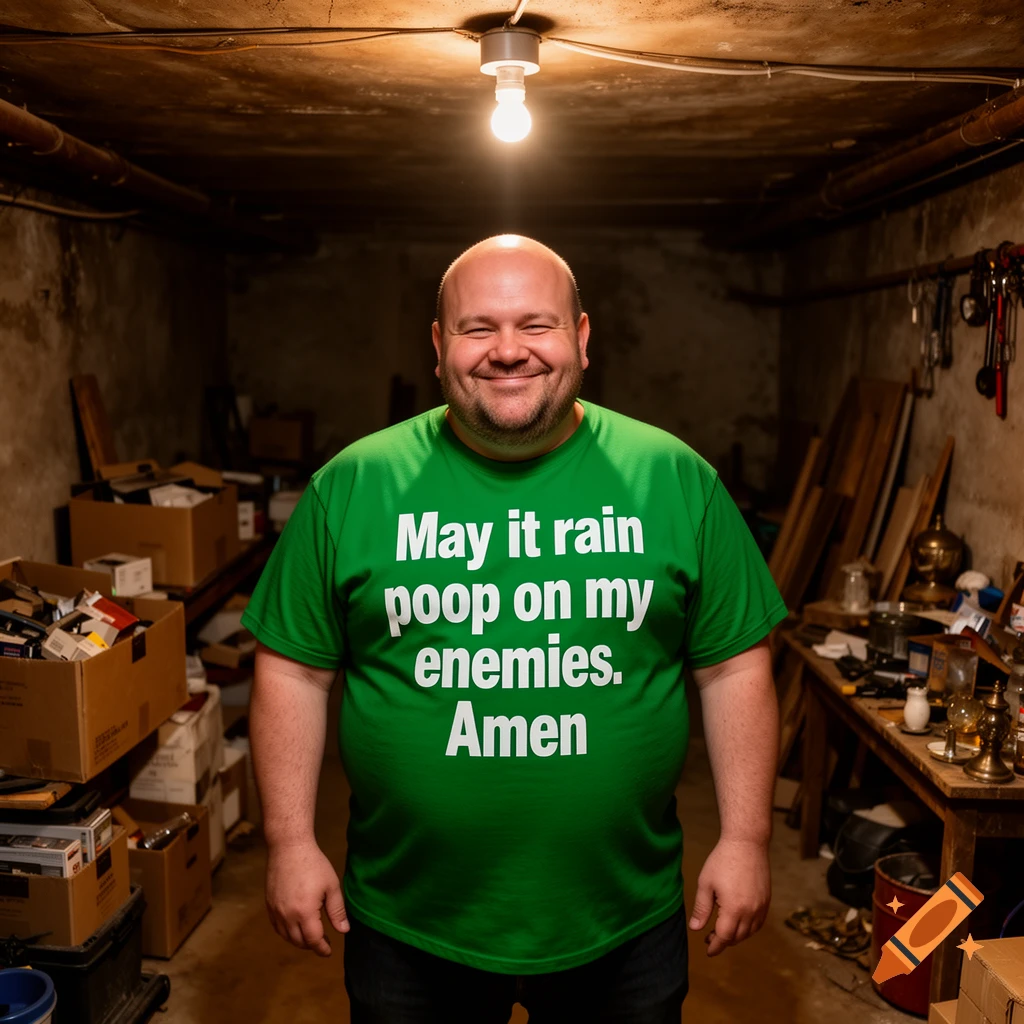 A smiling bald man with an obese build wears a green shirt that says 'May it rain poop on my enemies. Amen' in a dimly lit basement.