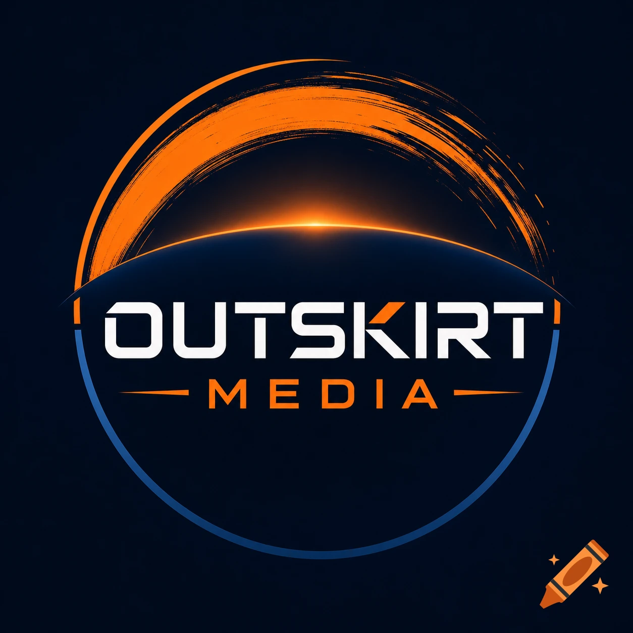 Logo for Outskirt Media with white and orange text, an orange brushstroke, and a blue arc on a dark background.