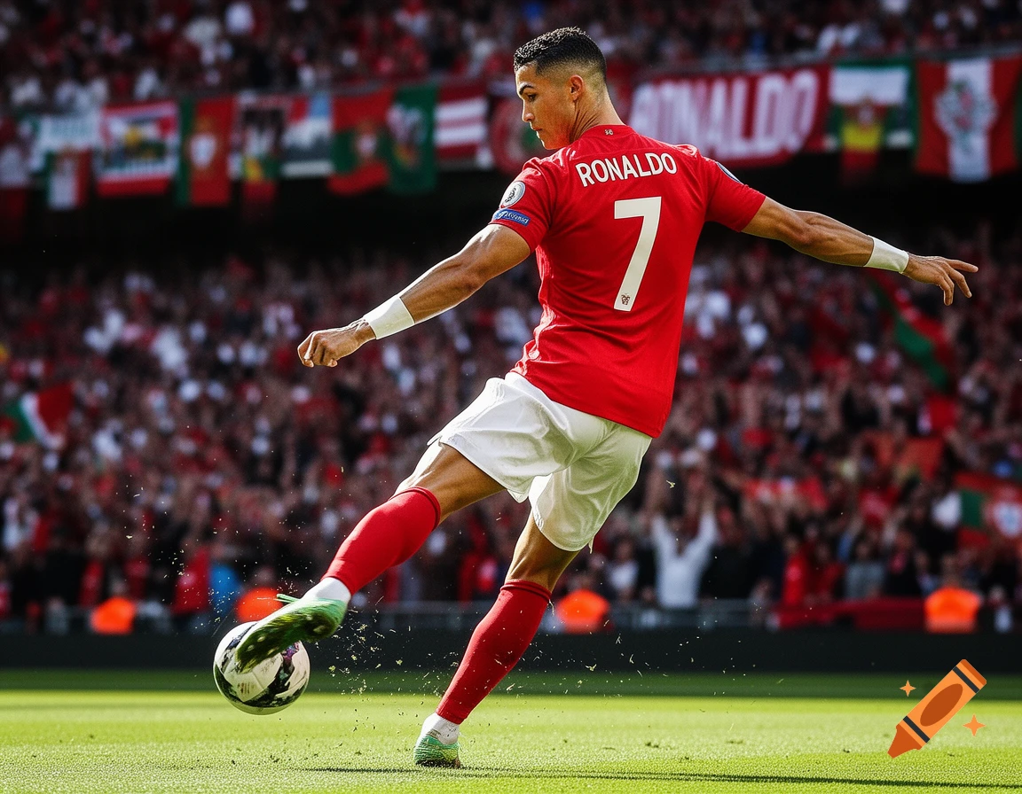 Cristiano Ronaldo in a red jersey kicks a soccer ball on a green field in a stadium full of spectators.