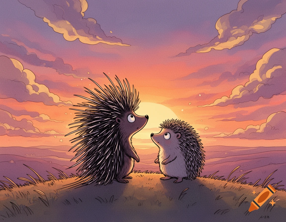 A cartoon porcupine and hedgehog stand on a grassy hill, looking up at a vibrant sunset sky.