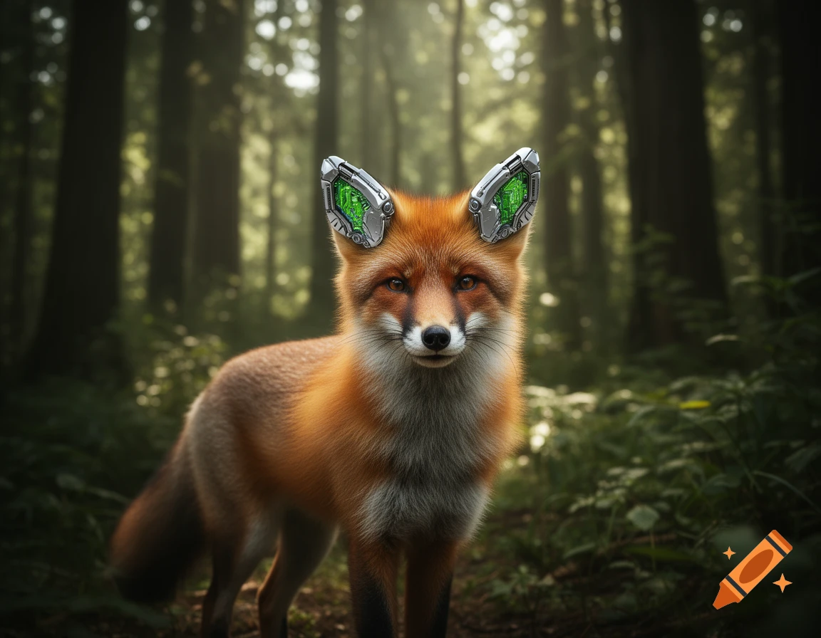 A photorealistic red fox with glowing green bionic ears stands in a dappled forest.