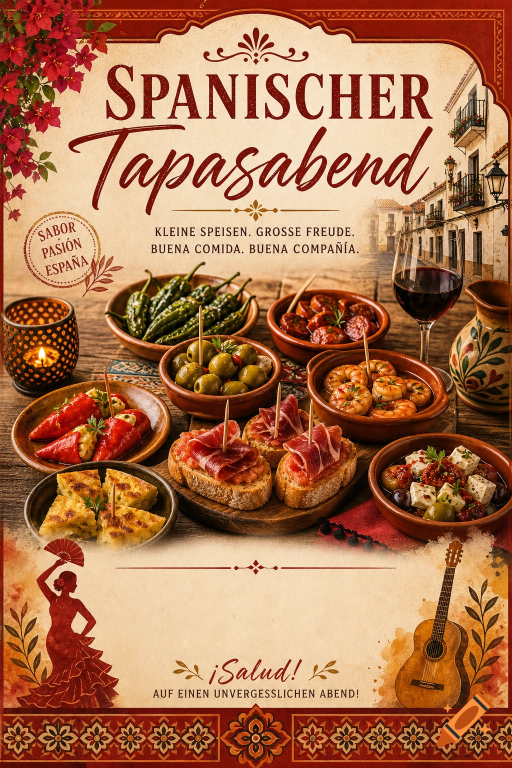 A vibrant Spanish tapas evening poster featuring a spread of dishes like olives, peppers, ham on bread, and tortilla, alongside a glass of wine, a flamenco dancer silhouette, and a guitar. Text reads "SPANISCHER Tapasabend".
