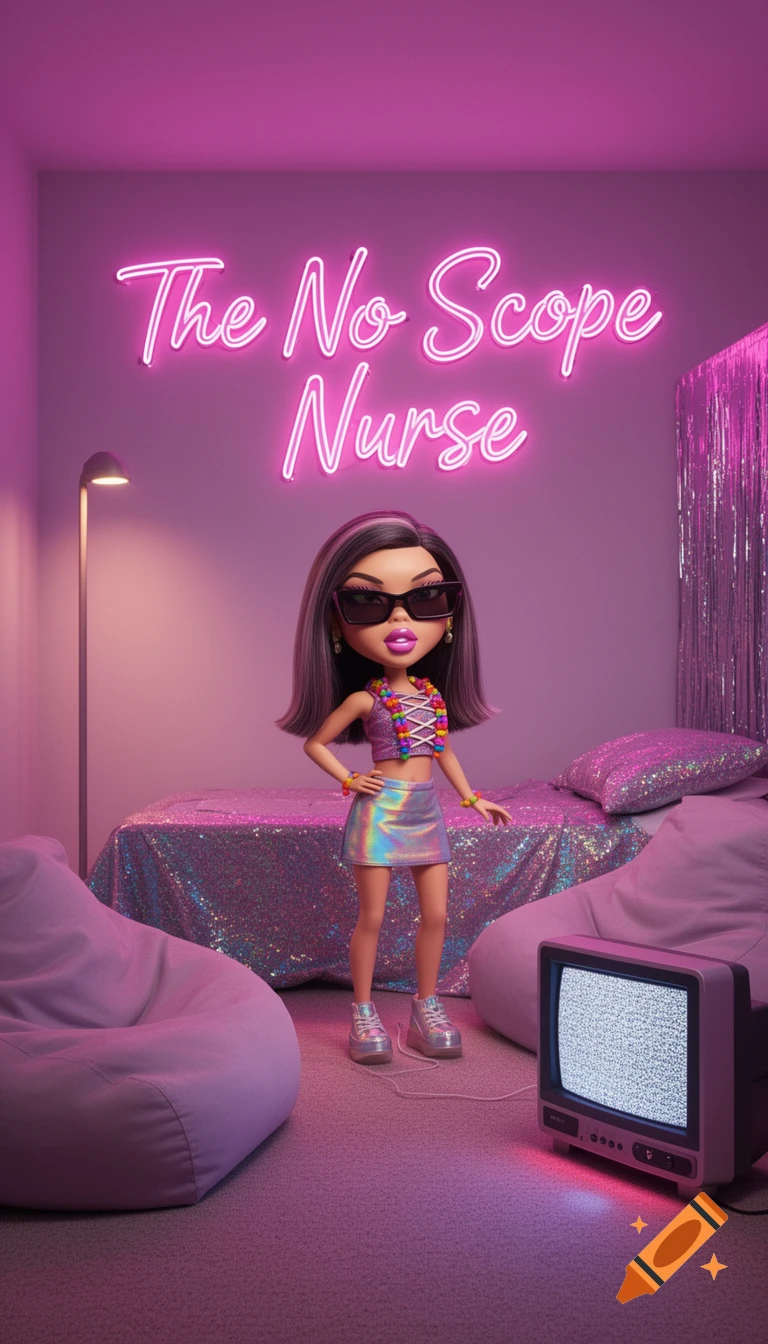 A stylish Bratz doll stands in a vibrant pink Y2K-themed room with a "The No Scope Nurse" neon sign, bean bags, and a static television.