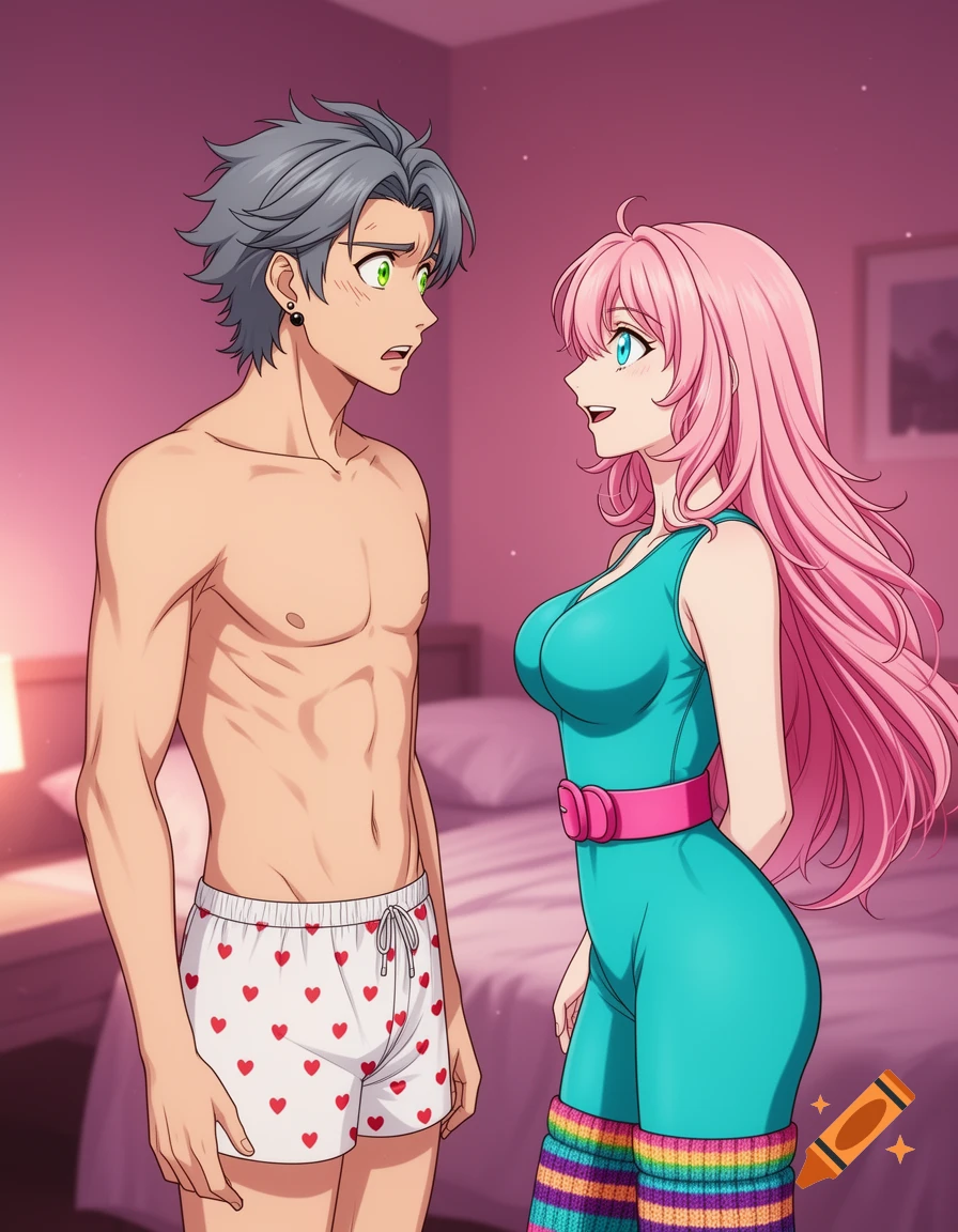 Anime man in heart boxers looking shocked at a pink-haired woman in a turquoise unitard with a seductive smile, in a bedroom.