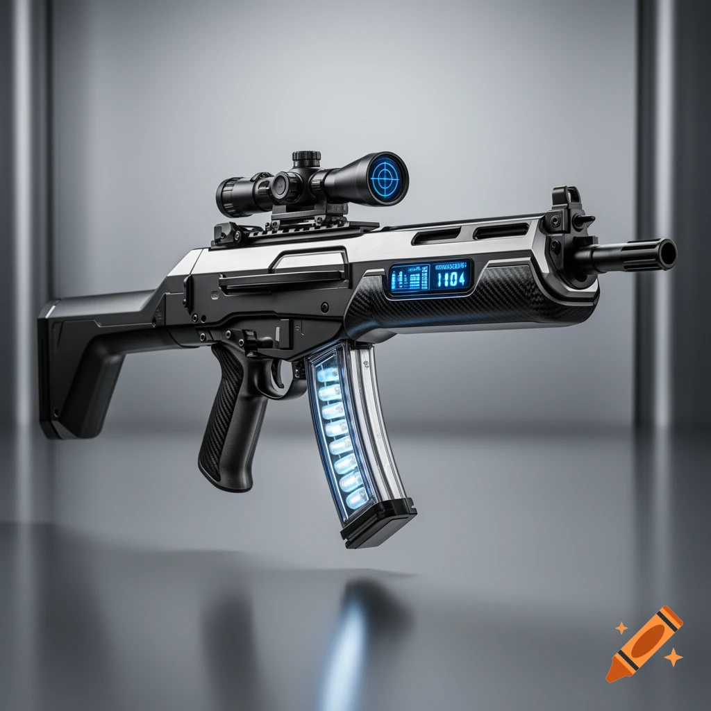A futuristic rifle with a scope, featuring glowing blue digital displays on its side and magazine, against a grey background.