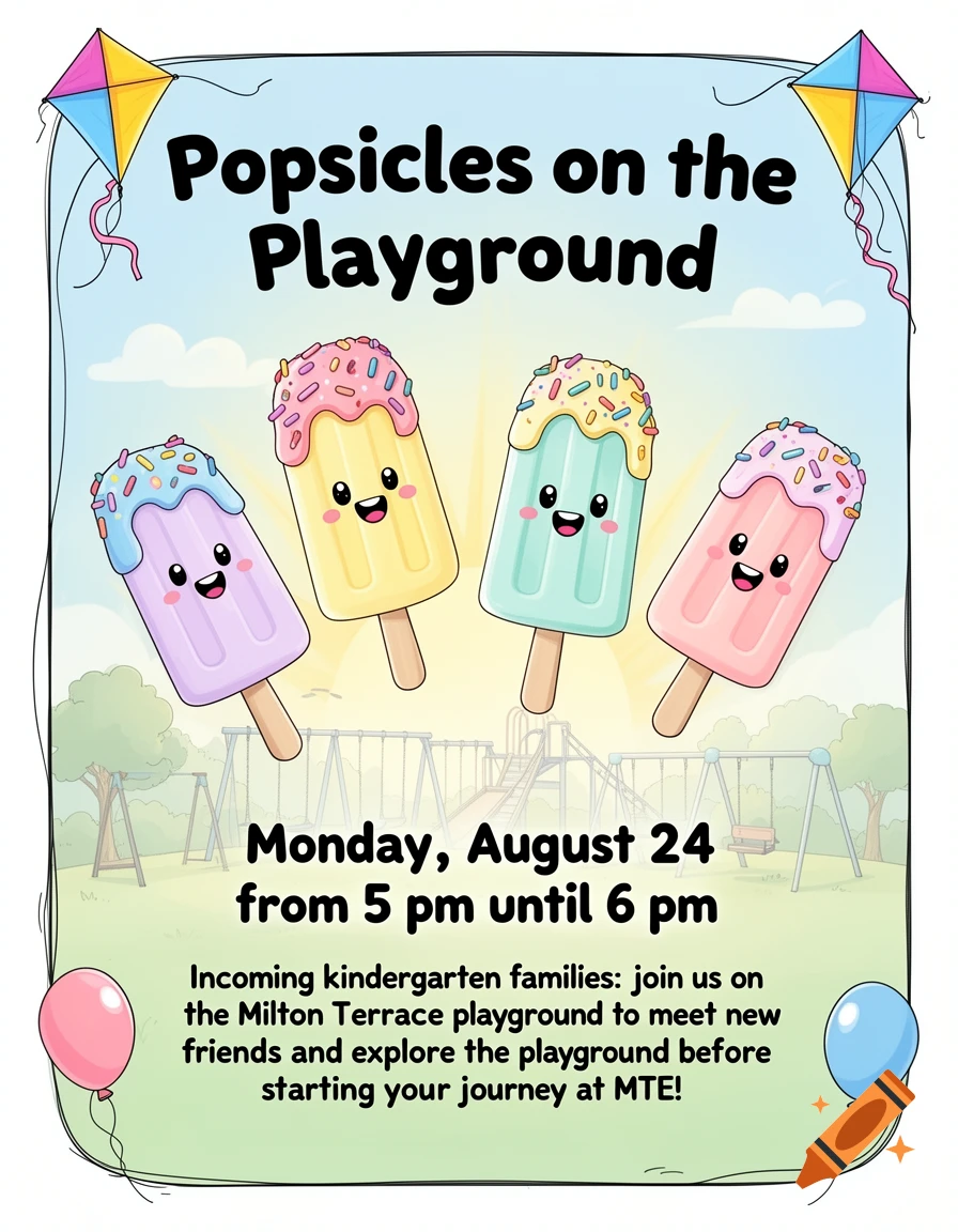 A colorful cartoon flyer for "Popsicles on the Playground" event, featuring four smiling popsicles in a playground setting with kites and balloons.
