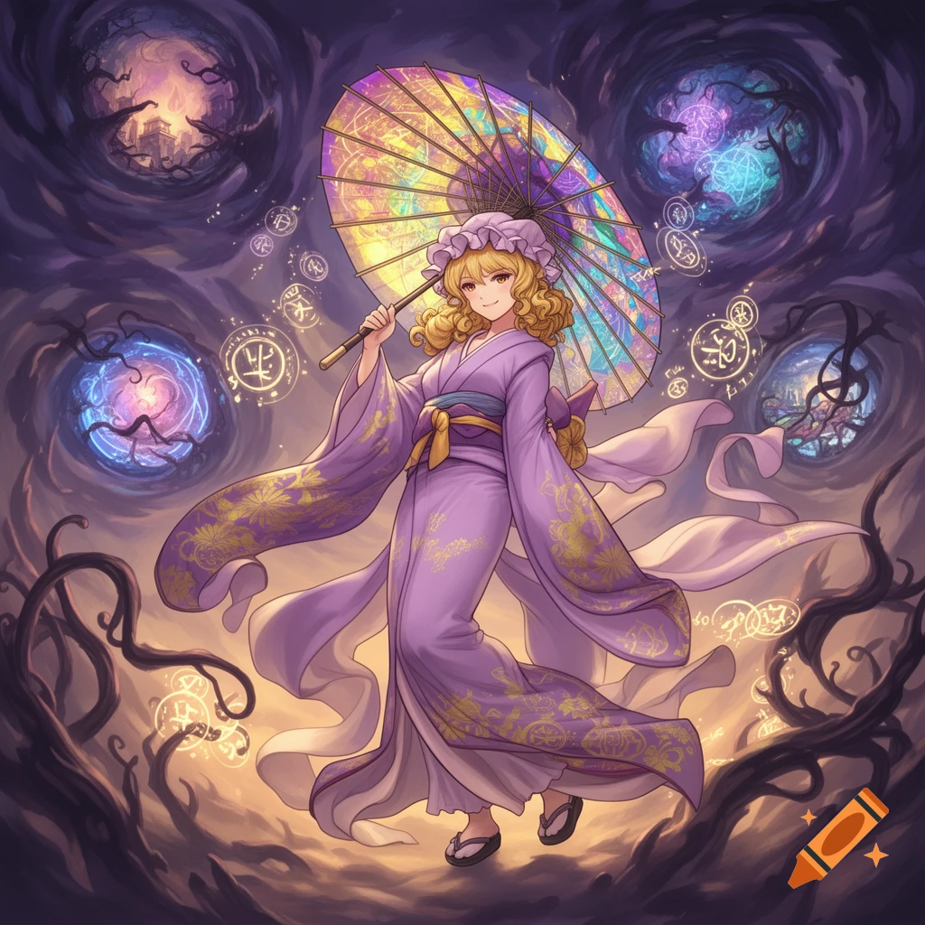 A blonde anime girl in a purple kimono holds a vibrant umbrella, standing amidst glowing magical portals and twisted roots.