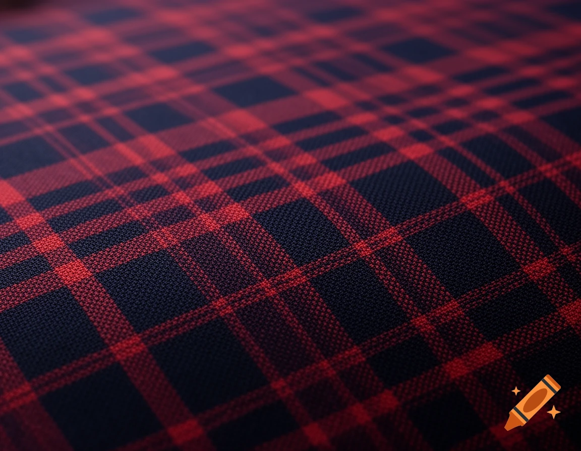 A close-up, high-angle view of red and black plaid fabric with a textured surface, rendered with a shallow depth of field.