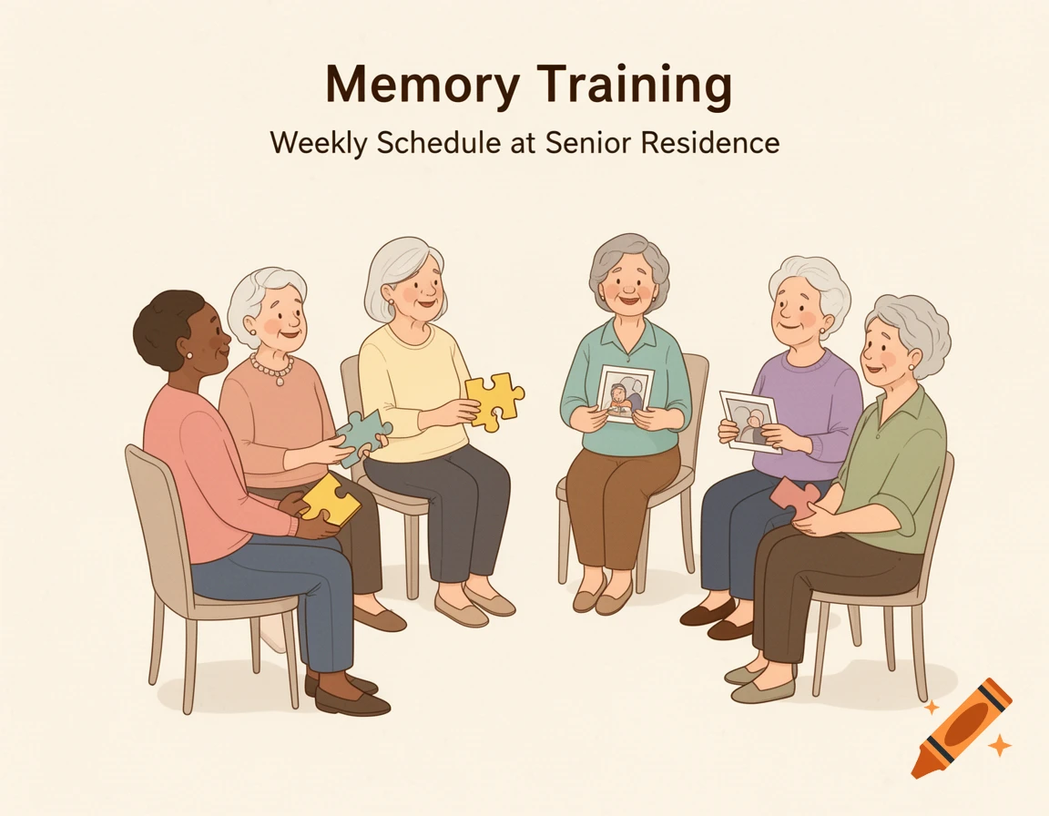 A cartoon illustration of six elderly women sitting in a circle, engaged in memory training activities like puzzle-solving and looking at photos.