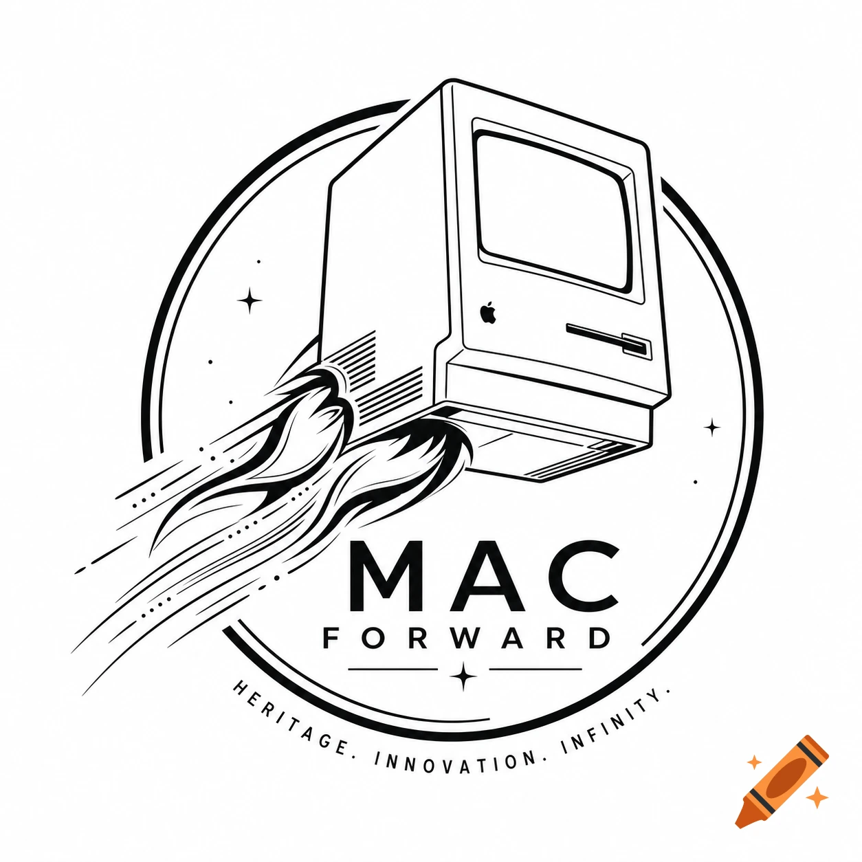 Black and white line art logo of a vintage Macintosh computer with rocket flames, framed by a circle, with text 'MAC FORWARD'.