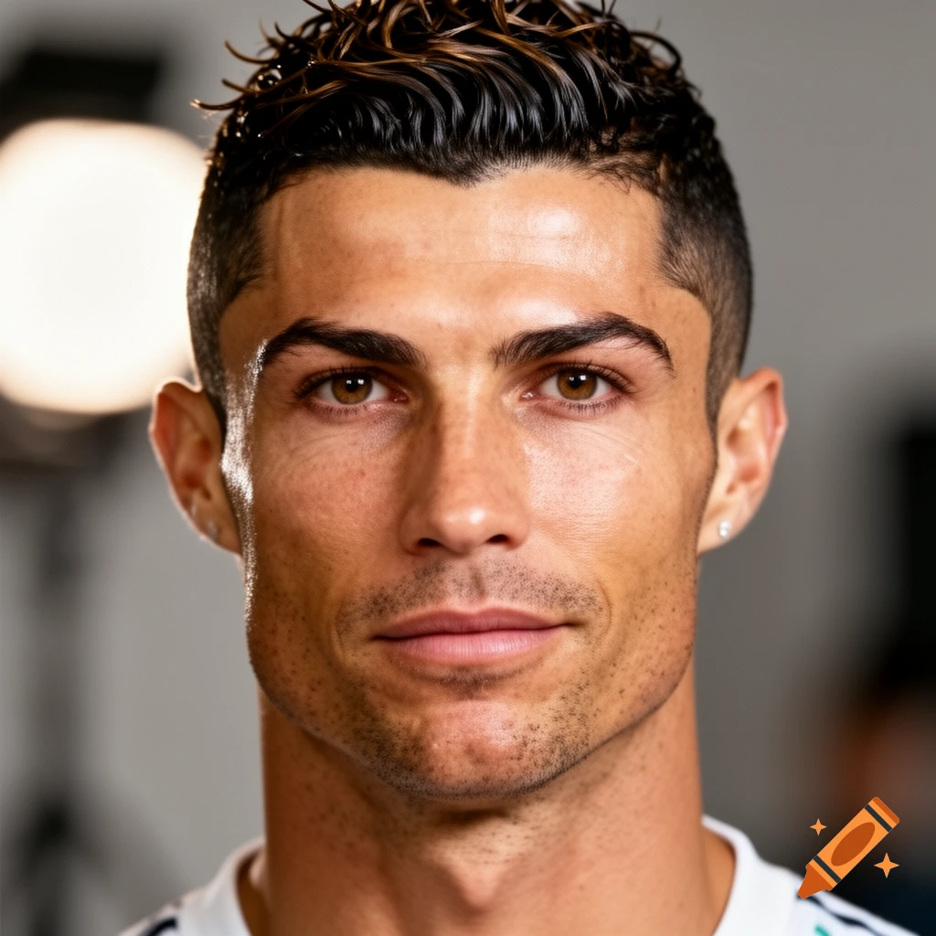 Close-up photorealistic portrait of Cristiano Ronaldo, looking directly at the viewer.