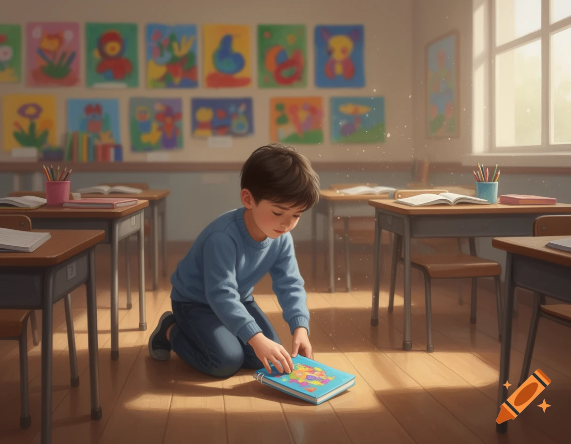 An illustration of a young boy in a blue sweater kneeling in a sunlit classroom, picking up a colorful book from the wooden floor. Desks and chairs are visible, with children's artwork displayed on the wall behind him.