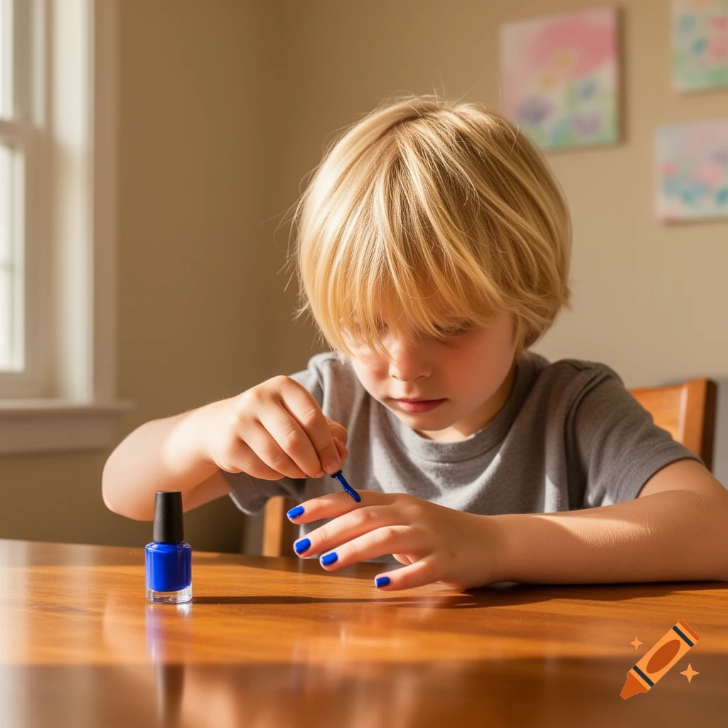 Blond boy with bangs focusing intently while painting his fingernails blue at a wooden table, a bottle of blue nail polish nearby.