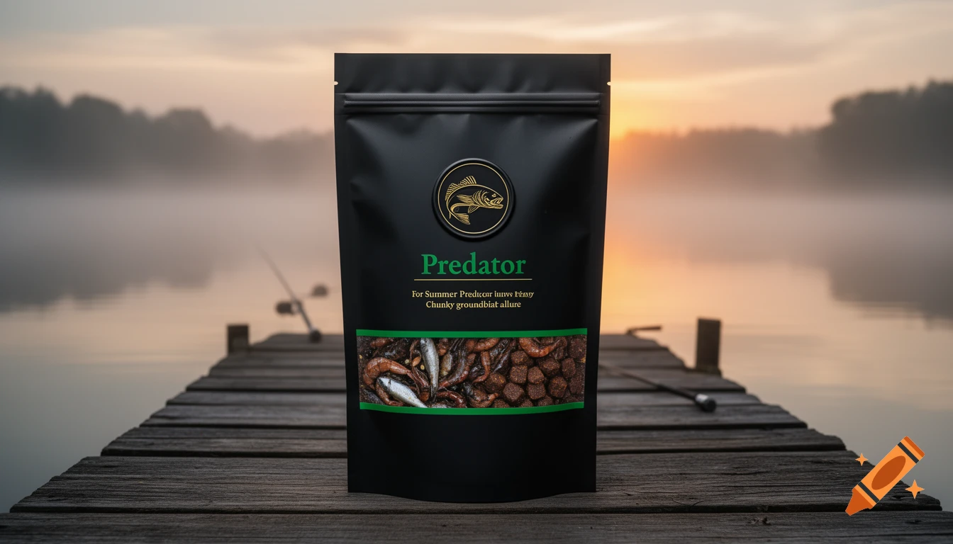 A matte black pouch of "Predator" fishing bait sits on a rustic wooden dock at a misty lake during sunrise, with a fishing rod in the background. Photorealistic style.