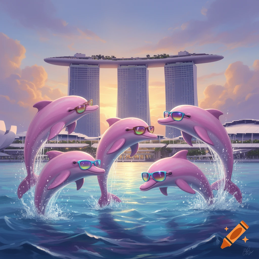 Five pink cartoon dolphins wearing sunglasses jump from blue water with the Marina Bay Sands building and a sunset sky in the background.